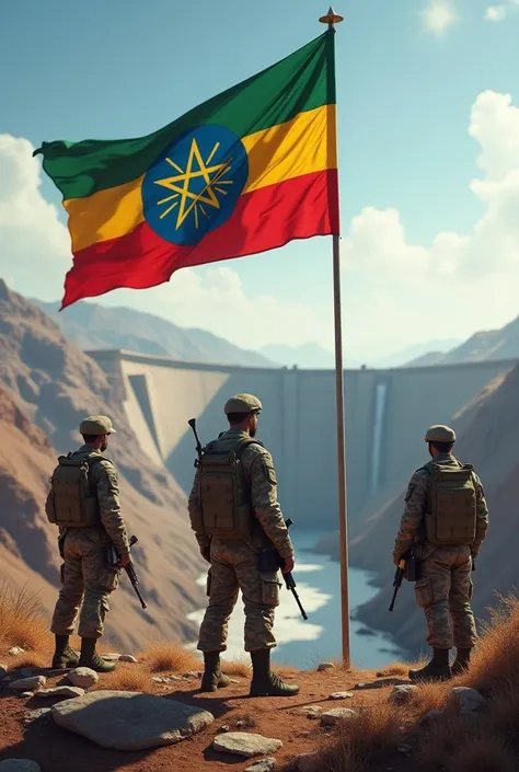 Ethiopian soldiers protecting the big Ethiopian Renassiance Dam, with big flag of Ethiopia effec