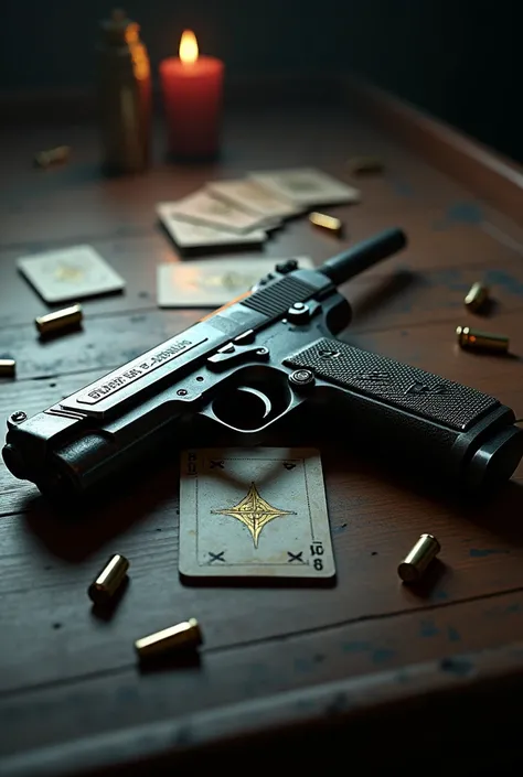 A realistic Tokarev on a poker table with cards and ammunition the picture is supposed to have a dark aura