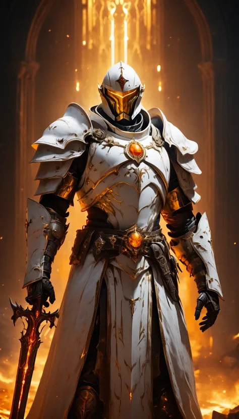 Masterpieces, male, Holy white paladin, (white armor), Action style shot, in a vampire castle, dark souls and elden ring style red. (no undercloth), holding a spear in one hand and a shield in the other, Glowing amber colored Christian Cross on breastplate...