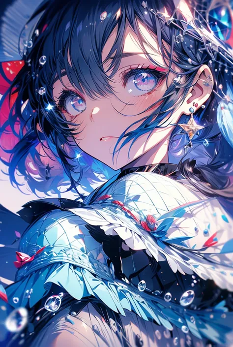 One girl, High-resolution model, water droplets，water droplets，Starlight，Sailor suit，Stars in my eyes，Illustration effect for posters and magazines, Red eyes，Earrings，Cowboy Shot, Blue lipstick，Black Hair，Red Rose，