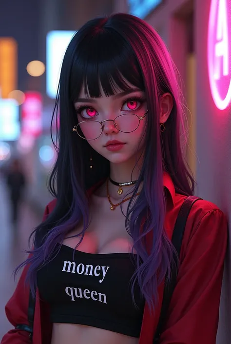 A girl with long hair with a black and lilac gradient with heart-shaped pupils and red irises, wearing a black crop top with the words "money queen" and with a red blouse with black details, she wears glasses 