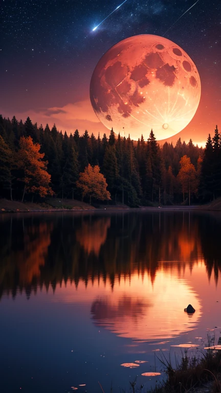 Large Lake、night、Deep woods、Fantasy、Red Sky、Shooting stars fall from the sky、Red Moon、Wolf