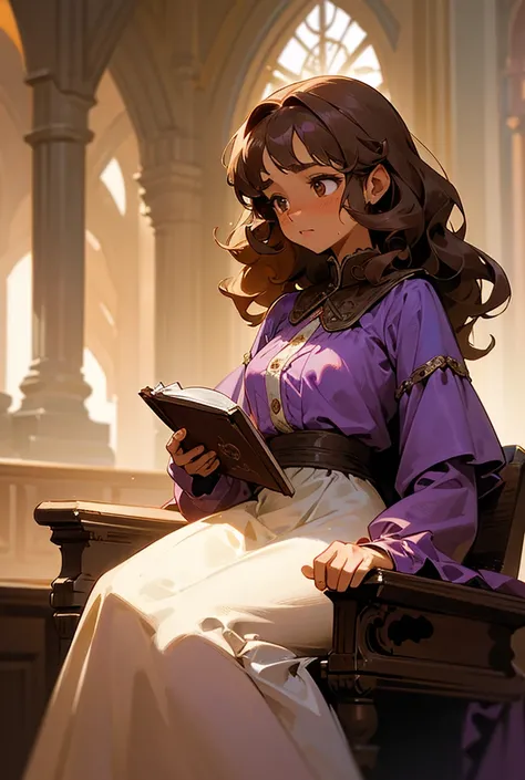 Girl from the year 1890 called Bianca, slim, brown skin color, Copper, big light brown eyes, brown curly and unruly hair, philtrum raised slightly upwards and dark circles, wears a purple dress made of light, smooth fabric. She is sitting reading a romance...