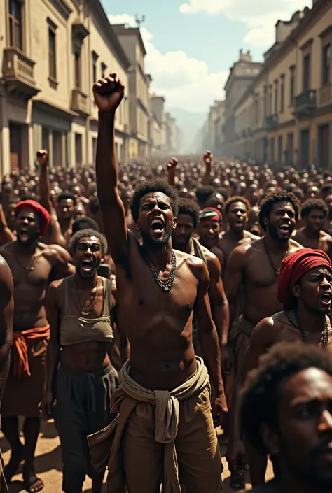 creates an image of a crowd of Afro-descendant slaves from Peru protesting with their hands raised and shouting
