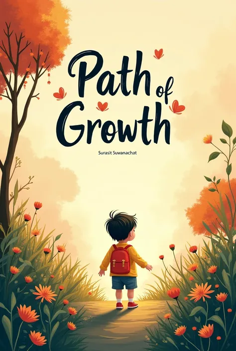 I want to create a cover page for an article about the growth of a child who encounters various experiences at different stages of life, such as studying, love, life, and leadership. I would also like to have a handwritten font."Path of Growth"It is a Thai...