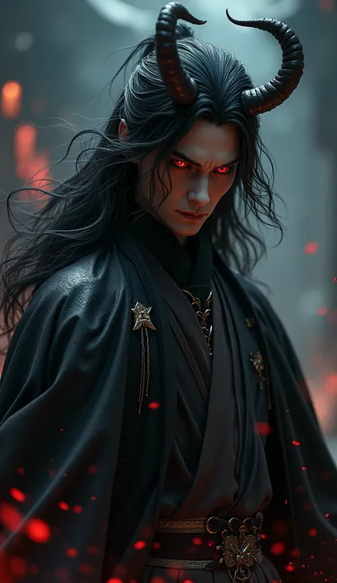 "Muzan Kibutsuji, the powerful and malevolent Demon King, is depicted in a highly detailed, realistic style. He has an elegant and imposing presence with his dark, flowing hair and sharp, penetrating eyes. His attire is a sophisticated and elegant outfit w...