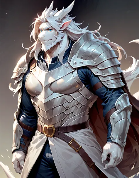 male dragon anthro, pure white body, solo,, by null-ghost, long hair, beard, warrior, pauldron, modern outfit, longcoat, armor