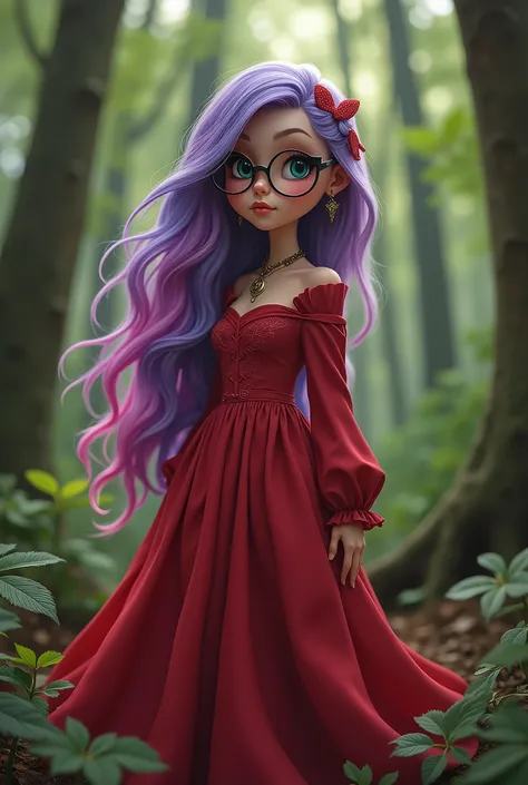 (8k, CRU photo, highest quallity), Photo of a young girl, FireworksDiana, long hair, cabelo roxo, pink  hair, (multicolored hair), glasses with thick black frames and large round lenses, hair ornament, facial mark, redgown, long sleeves, neckleace, thicc t...