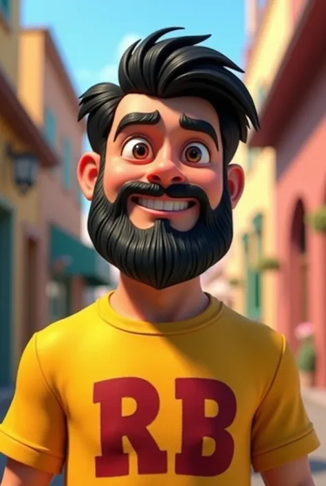 a character of great quality, black hair, simple hairstyle, beard and a shirt with the word RB written on it, Disney Pixar cartoon style, 4, yellow shirt 