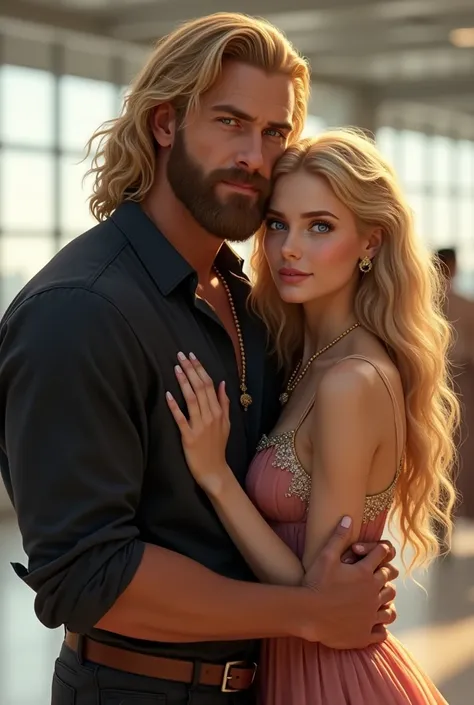 Muscular man with blue eyes, long curly and blonde hair, has a beard in the same shade, wears a black blouse folded over her arms,  jeans.  Hugging his adult blonde daughter, usanso elegant dress arabic cenario airport.