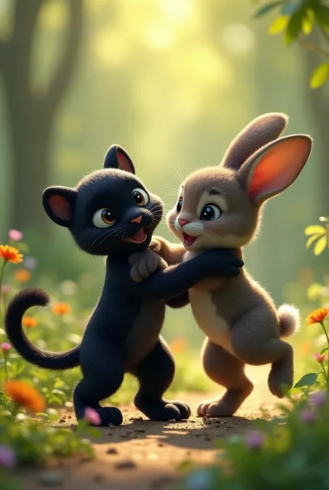 The cute rabbit playing with the cute black panther