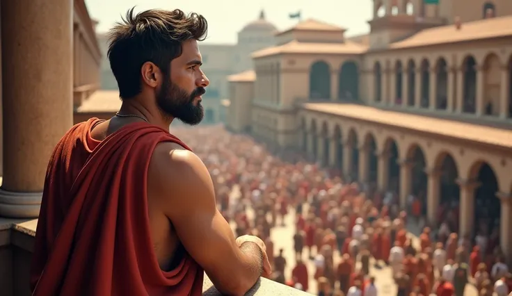 A male stoic philosopher resembling Marcus Aurelius, with a well-proportioned and attractive physique, not excessively muscular. He is standing on a balcony overlooking a bustling Roman marketplace, wearing classic tunics that gently drape over his body. H...