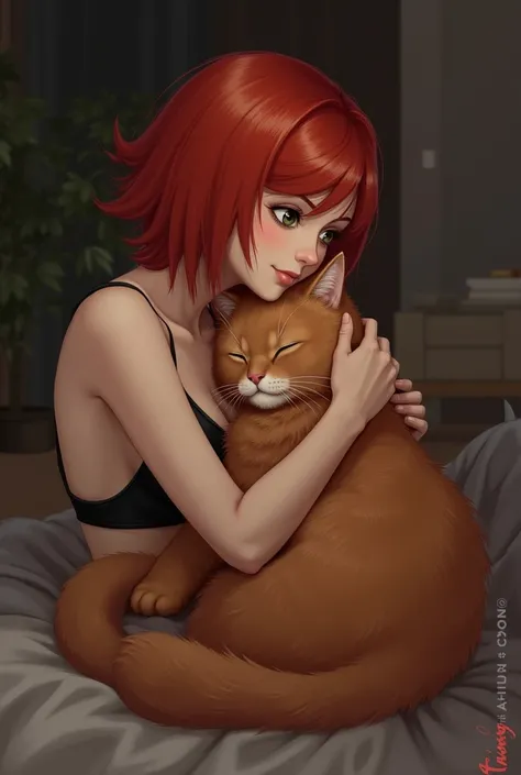 Cuddling woman with red hair and side cut red main coon cat 