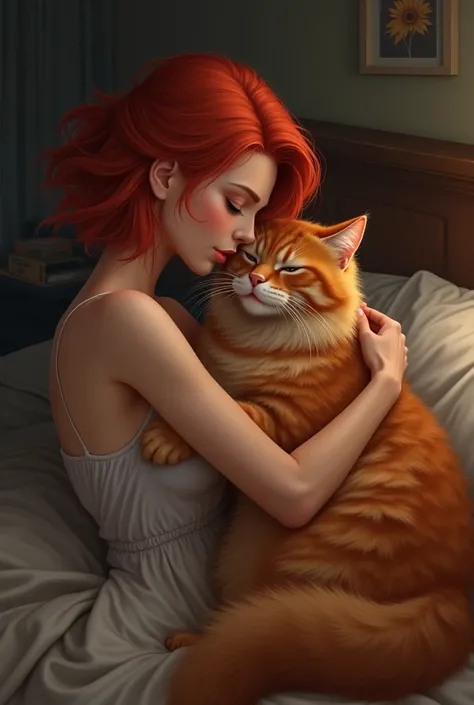 Cuddling woman with red hair and side cut red main coon cat 