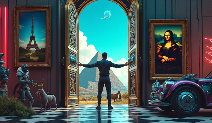 Un homme avec des vêtements futuristes pousse des deux mains des portes futuristes  avec des figures géométriques de couleurs différentes sur la porte et devant lui une pyramide avec de lherbe et des animaux ,le tout ressemblent à la peinture que jai publi...