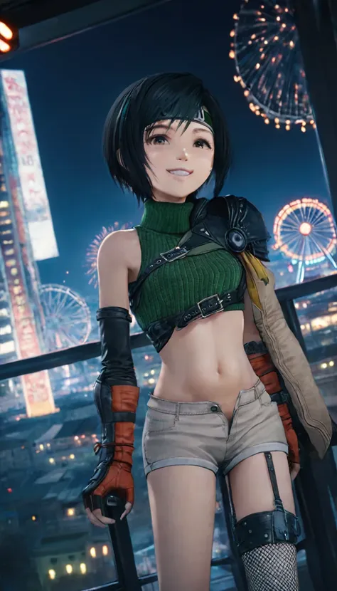 (fireworkが打ち上がる)、(on the ferris wheel at night)、(grin)、yuffie kisaragi, a distinctive character from the game world of final fan...