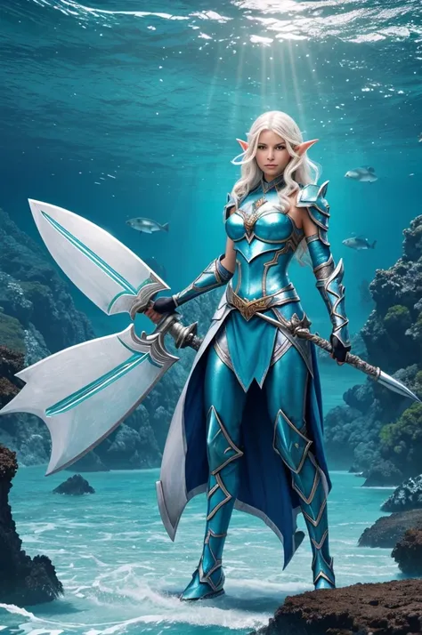 Create an image of a sea elf paladin with the following characteristics:

Facial Features: The sea elf should have distinct African American facial features, full lips, a broad nose, and expressive eyes. Not white person.
Hair: The elfs hair should be curl...