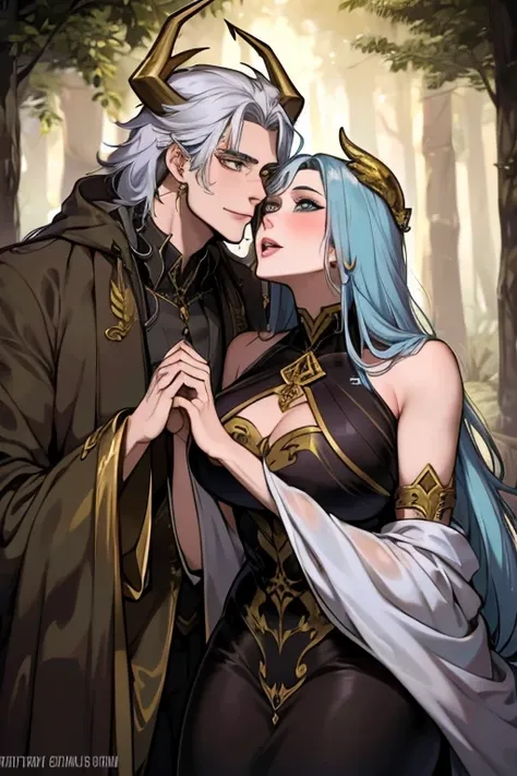 One man. One woman. Perfect faces. Perfect hands. A young silver haired man with gold eyes and gold horns in a fancy suit is kissing a teal haired woman with golden eyes and golden horns and an hourglass figure wearing a golden gown in a creepy forest with...