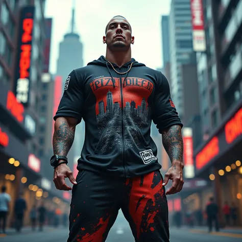 A man, big and has a shaved head, handsome bodybuilder, very tall, very muscular, with white skin, pale skin with an urban theme for an urban clothing brand like Gym Power. Bodybuilder must wear this street fashion dress, like hoodie, oversized t-shirt. an...