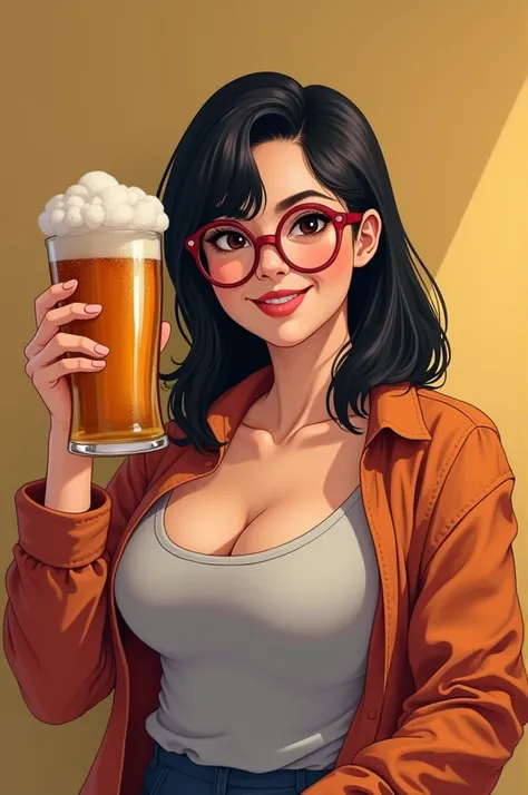 Raising a single woman, 3, shoulder-length black hair, black eyes, round red glasses, short, chubby, drinking a beer 