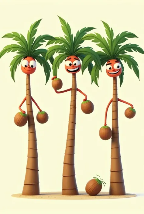 THREE ANIMATED CANADIAN PALMS BEARING SMALL COCONUTS IN A ROW
