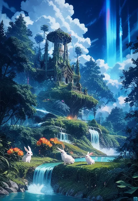 score_9, score_8_up, score_7_up, source_アニメ, scenery, night, null, cloud, no one〜do not have ,Lush forest, Beautiful waterfall, rainbow, Fantasy Images, fire Fly, moonlight, Aurora, wood, black snake on wood, A flock of apples, mousse, Albino deer, White R...