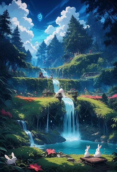 score_9, score_8_up, score_7_up, source_アニメ, scenery, night, null, cloud, no one〜do not have ,Lush forest, Beautiful waterfall, rainbow, Fantasy Images, fire Fly, moonlight, Aurora, wood, black snake on wood, A flock of apples, mousse, Albino deer, White R...