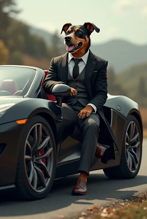 Dog ,wear,Trousers,shoe,black coat,drive,car,sport,luxurious,side of the road,focus,side