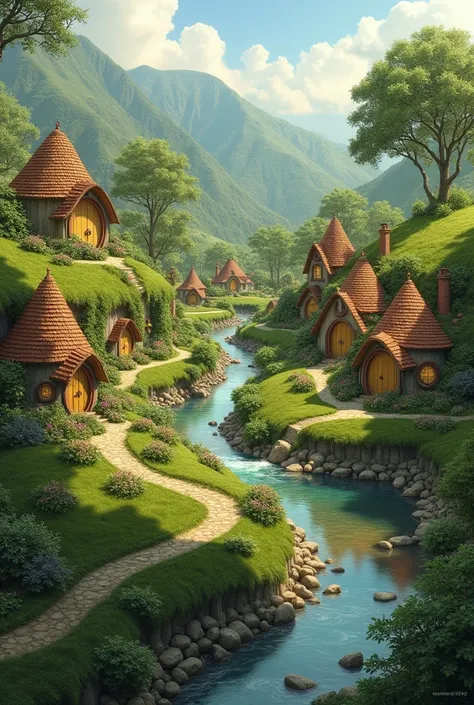 Create an image of a village with Hobbit houses, the view from above the city, a green place with river establishments etc.
