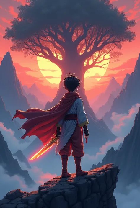 “An adventurous young boy with determined eyes standing on the edge of a cliff, overlooking a vast and vibrant fantasy world. The boy wears traditional Korean attire with a modern twist, holding a glowing sword. Behind him, there’s a large, mystical tree a...