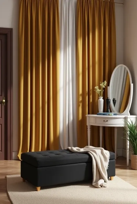 Gold curtains in the background, black storage ottoman in front with real planter on the right with arch full length mirror also on the right with white dressing table on the right corner and brown door on the left corner instead of left planter