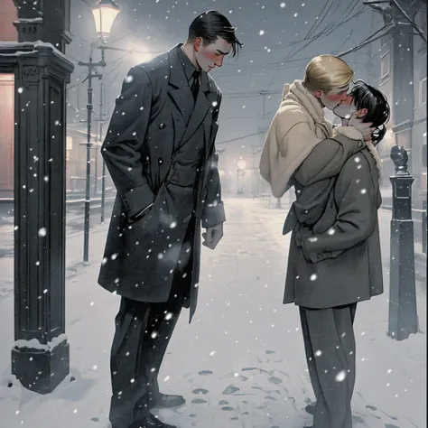 
two men, one with black hair taller and one with blonde hair shorter, in 1930s clothes, kissing in the falling snow at night