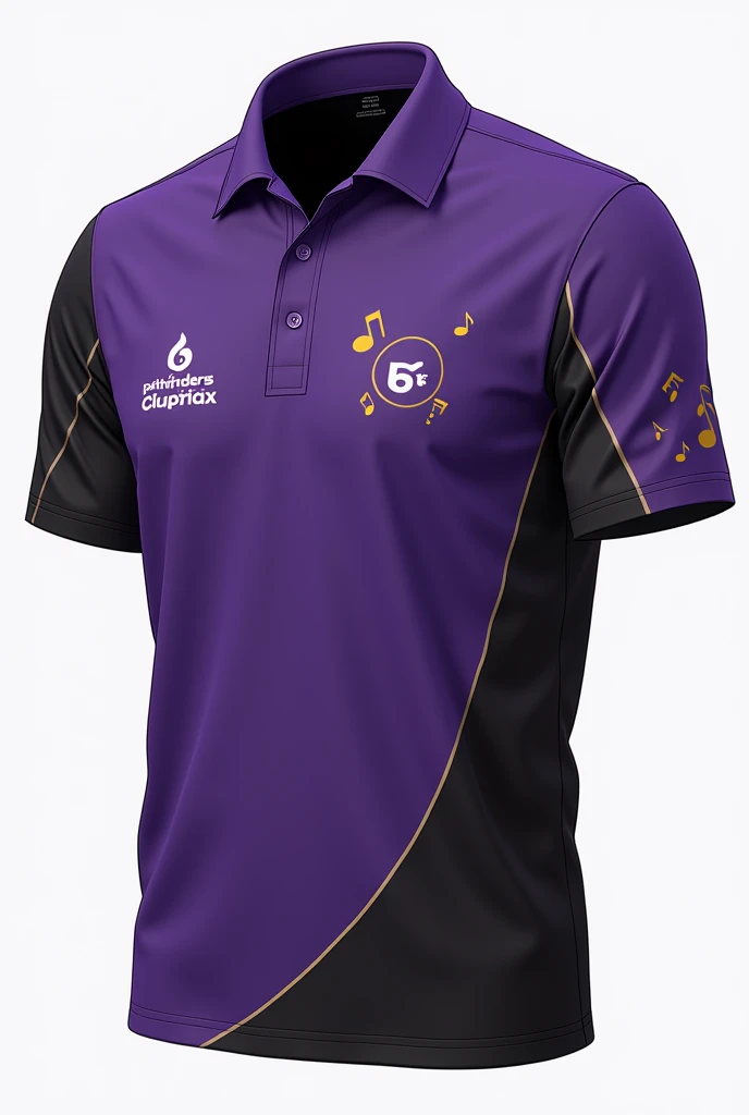 Purple and black blouse, minimalistic. From the Pathfinder Club, 正面: with the Pathfinder logo on the left chest, with Bequadro musical notes. coasts: the name Bequadro and Pathfinders Club on the back and musical notes.
