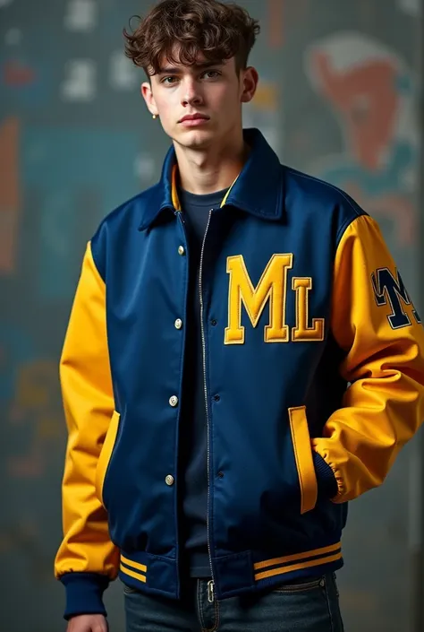 School baseball jacket with zipper for the class of 2025 containing the letters ML, Its main colors, blue in some darker shade, black and yellow but in few areas, add more nice details 