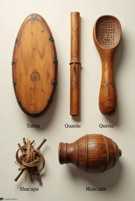 los instrumentos with their respective names below each instrument 
Tunda: A large drum that is played with the hands.
Quena: A flute made of bamboo or reed, used in traditional ceremonies.
Shacapa: A bundle of dried leaves shaken to produce a sound simila...