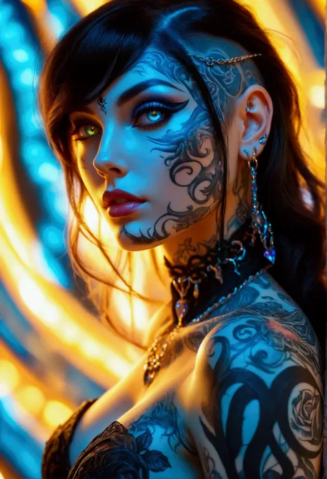 Create a hyper detailed photograph of a perfectly simetrical tattooed curved young sexy female deathknight, Stunningly perfect gorgeous feminine face, perfect makeup, detailed vibrant neon mako sapphire eyes, very long hair, Gentle facial curves, Fuller ch...