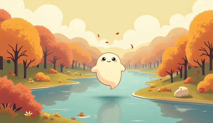 Draw a ghost in the style of Sumikkogurashi ,lofi cozy autumn, fall season, ultrawide , landscape ,river ,bobo