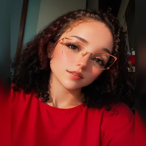 curly hair, bright red top, inner background with soft shadows, Casual and relaxed atmosphere, natural lighting from a side angle.