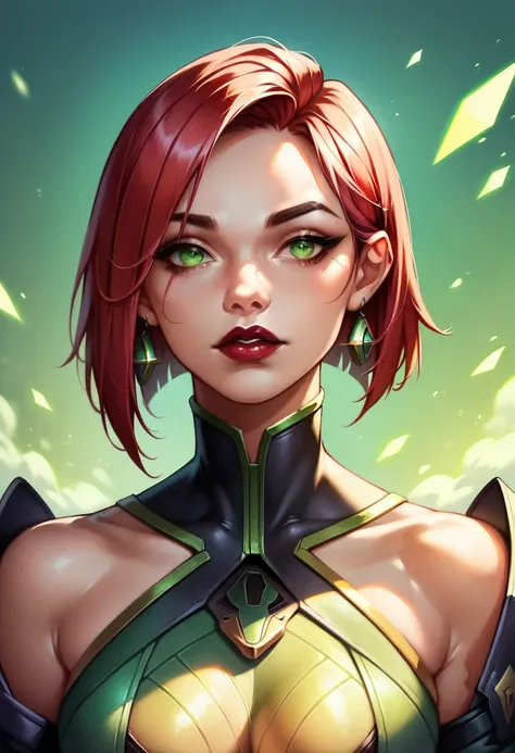 (high-level image quality), (high quality), (high resolution), (detailed), (masterpiece), perfect eyes, beautiful young woman, ((caucasian)), green eyes, red hair, short hair, dark red lipstick, viper from valorant style,