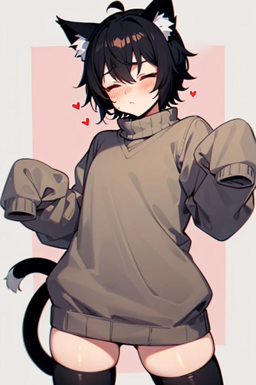 animal_ears, tail, thighhighs, solo, cat_ears, black_hair, cat_tail, 1boy, blush, male_focus, sweater, sleeves_past_wrists, closed_eyes, short_hair, heart, simple_background