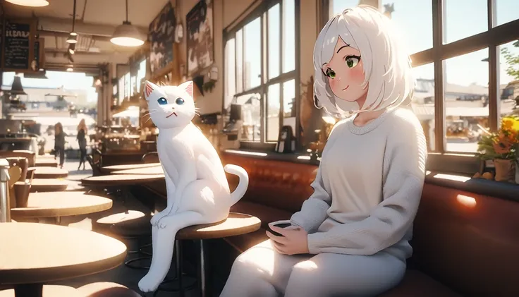 (Photography Cinematic), Anthropomorphic white kitten, Casual clothing, Sitting by the window in a café, coffee(read), 2D, colorful, Warm atmosphere, Shiny