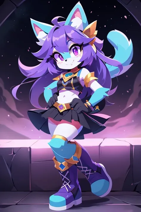 complete body, face perfect, cabelo roxo, Star Guardian, purple and cyan eyes, bright purple eyes, long eyelashes, cyan blue fur, cyan blue cat ears, ssmile doce,tummy,arms ,flegs ,waist,feet,boots casual adventurer outfit. purple and cyan hair, fake cat e...