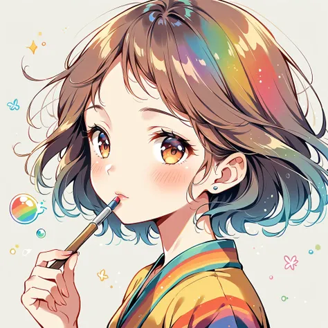 フィギュアのような質感To、To、short hair、Brown eyes、A kind smile、Heavy rain and lightning、Rain Fairy、Painting a rainbow with paint、Blowing bubbles