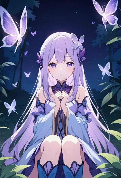 long straight hair, light blue and purple dress with flowing sleeves, blue boots, hair accessories, sitting pose, looking at a butterfly, soft skin, outdoor night forest with butterflies, soft blue and purple lighting, magical and serene atmosphere, from t...