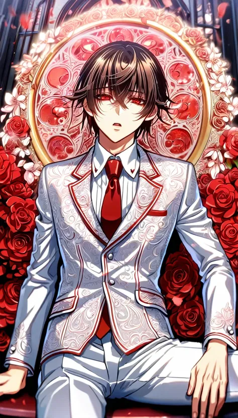 absurdres, highres, ultra detailed, HDR, master piece, best quality, extremely detailed, detailed eyes, detailed face, Kaname Kuran, brown hair, short hair, expressive red eyes, Vampire Knight, solo, sexy man, handsome, sitting, sensual, adult face, mature...