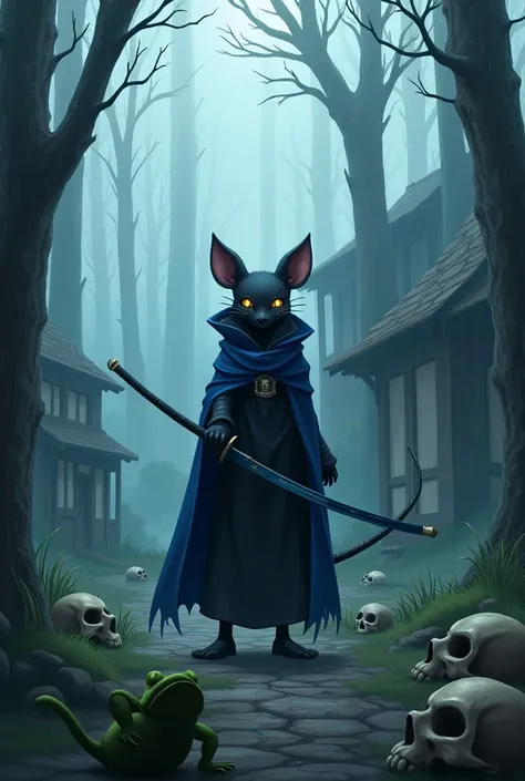 Black rat, アニメ, olho grande estilo アニメ, forest in the background, fog in the background, chuva fraca, katana with blue blade tip, black clothing, blue cloak, skulls on the floor, village in the background, frog in the background jumping 