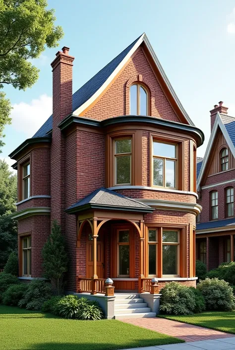 clean brick house, glass windows with wooden frames and the upper part is oval and ends in a white and red point