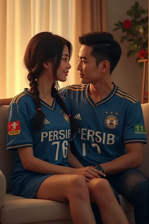 Beautiful Asian woman with long hair in two braids wearing a blue soccer team jersey number 76 name Persib and a handsome Asian man sitting romantically on the sofa in the living room background