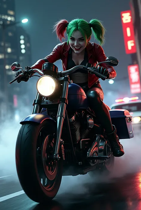 Harley Quinn and Joker escaping on a motorcycle 