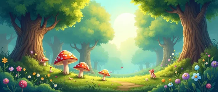 Enchanted Forest Drawing, cute and vibrant with big, full trees, small flowers and three mushrooms on the ground, on a sunny day